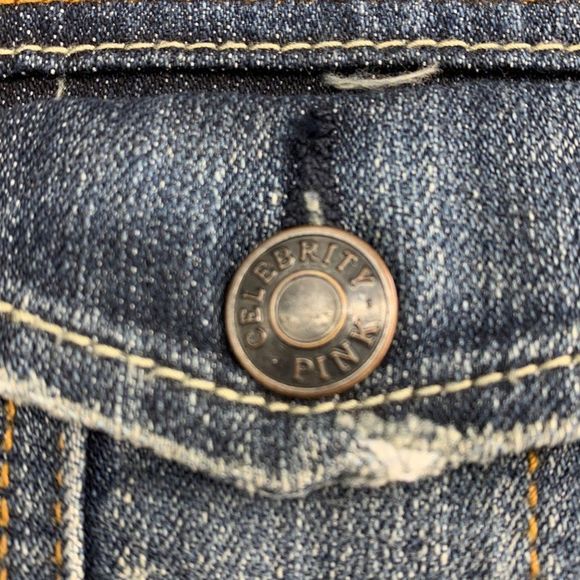 Womens Celebrity Pink Denim Jacket Size L Distress Crop Stretch 2350 EUC Dark - Picture 3 of 11